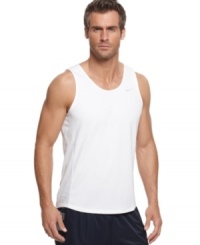 On the run! Get optimum comfort for long distances with this Dri-Fit tank from Nike that features strategic earphone cord ports for easy-listening on the go. On the run! Get optimum comfort for long distances with this Dri-Fit tank from Nike that features strategic earphone cord ports for easy-listening on the go.