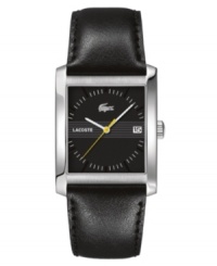 Make a stark statement with this handsome Lacoste watch. Black leather strap and rectangular stainless steel case. Black dial with silvertone stick indices, date window and logo. Quartz movement. Water resistant to 30 meters. Two-year limited warranty. Make a stark statement with this handsome Lacoste watch. Black leather strap and rectangular stainless steel case. Black dial with silvertone stick indices, date window and logo. Quartz movement. Water resistant to 30 meters. Two-year limited warranty.
