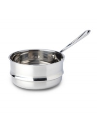 Nesting comfortably inside the saucepan, the double boiler provides the perfect space for whisking sauces that can't take direct heat. All-Clad's high-performance double boiler is constructed with a durable stainless steel interior, a pure aluminum core and a hand-polished mirror-finished exterior. Lifetime warranty.