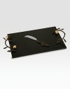 Symbolizing eternity and plenty, the elongated leaves and round fruit of the pomegranate form the graceful handles of this black granite cheese board. From the Pomegranate CollectionGranite, oxidized bronze, goldplate and stainless steel10W X 18½L; knife 8½LHand washImported