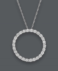 Classically cool and completely chic. This stunning pendant creates a timeless look with it's contemporary open-cut circle design. Crafted in 14k white gold with a seamless row of sparkling, round-cut diamonds (1/4 ct. t.w.). Approximate length: 18 inches. Approximate drop: 3/4 inches.