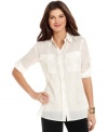 Ellen Tracy's easy blouse shines, thanks to a metallic dotted print. Pair it with jeans for a casual-chic weekend vibe.
