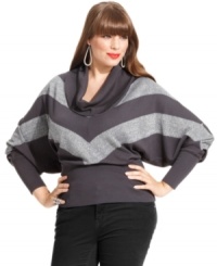 Look stunning in stripes this season with Baby Phat's long sleeve plus size sweater, finished by a cowl neckline. Look stunning in stripes this season with Baby Phat's long sleeve plus size sweater, finished by a cowl neckline.
