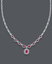 Turn your evening gown into an overall masterpiece with this sparkling accessory. Royalty Inspired by Effy Collection necklace features oval-cut rubies (4-3/8 ct. t.w.) surrounded by sparkling halos of round-cut diamond (2-1/3 ct. t.w.). Set in 14k white gold. Approximate length: 17 inches. Approximate drop: 1 inch. Turn your evening gown into an overall masterpiece with this sparkling accessory. Royalty Inspired by Effy Collection necklace features oval-cut rubies (4-3/8 ct. t.w.) surrounded by sparkling halos of round-cut diamond (2-1/3 ct. t.w.). Set in 14k white gold. Approximate length: 17 inches. Approximate drop: 1 inch.