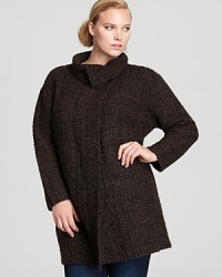 Approach the cold-weather season with chic style sense in a textured Eileen Fisher Plus jacket, touting a mock collar and boxy silhouette for modern inspiration. Approach the cold-weather season with chic style sense in a textured Eileen Fisher Plus jacket, touting a mock collar and boxy silhouette for modern inspiration.