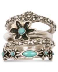 Stackable styles give you endless options. Lucky Brand's ring set features four rings with plastic turquoise and textured designs. Set in silver tone mixed metal. Size 7. Stackable styles give you endless options. Lucky Brand's ring set features four rings with plastic turquoise and textured designs. Set in silver tone mixed metal. Size 7.