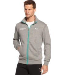 Sporty stays sleek with this Mercedes Benz jacket from Puma. Sporty stays sleek with this Mercedes Benz jacket from Puma.