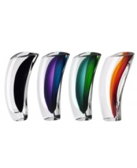 A beautiful curved shape and bold color stripes inside of thick glass form. Designed by Goran Warff for Kosta Boda each vase stands 11 3/8 tall. A beautiful curved shape and bold color stripes inside of thick glass form. Designed by Goran Warff for Kosta Boda each vase stands 11 3/8 tall.
