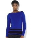 Lauren Ralph Lauren's soft rib-knit cotton sweater is designed with bold color-blocking and buttons at the shoulder to create a sleek, modern look.