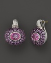 Faceted oval pink corundums sparkle against amethyst pave in sterling silver settings. By Judith Ripka.