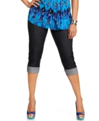 Land the style and comfort of INC's plus size jeggings, featuring a cuffed capri design that's season-perfect! Land the style and comfort of INC's plus size jeggings, featuring a cuffed capri design that's season-perfect!