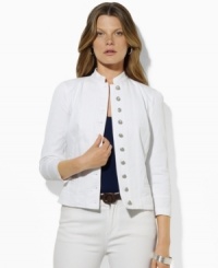 Lauren Jeans Co.'s timeless denim jacket is updated with rugged military styling for a chic, modern look. Lauren Jeans Co.'s timeless denim jacket is updated with rugged military styling for a chic, modern look.