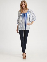 Airy crepe, striped and pleated in a gathered blouson silhouette.ScoopneckTie-front keyholeGathered sleevesAbout 29 from shoulder to hemPolyesterDry cleanImportedModel shown is 5'9 (175cm) wearing US size 4.OUR FIT MODEL RECOMMENDS ordering true size. Airy crepe, striped and pleated in a gathered blouson silhouette.ScoopneckTie-front keyholeGathered sleevesAbout 29 from shoulder to hemPolyesterDry cleanImportedModel shown is 5'9 (175cm) wearing US size 4.OUR FIT MODEL RECOMMENDS ordering true size.