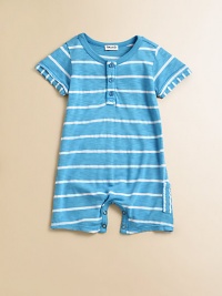 Handsome stripes, layered-look short sleeves and a side patch pocket make this adorable little playsuit a must-have for your little one.CrewneckShort sleevesButton-frontBottom snaps39% supima pima/39% micro modal/22% polyesterMachine washImported Please note: Number of buttons and snaps may vary depending on size ordered. 