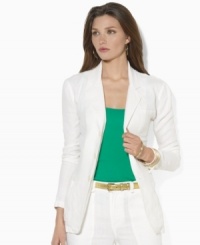 A tailored silhouette lends elegance to this Lauren by Ralph Lauren three-button jacket, designed for season-spanning style in lightweight linen. A tailored silhouette lends elegance to this Lauren by Ralph Lauren three-button jacket, designed for season-spanning style in lightweight linen.