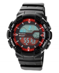 With bold red accents, this handsome sport watch from Armitron grabs attention when it's needed most.