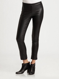 Sleek leather bonded with hint of stretch in a sophisticated crop-leg silhouette.Elastic waistbandFlat frontPull-on styleRise, about 8Inseam, about 28LeatherBonding: 98% cotton/2% LycraDry cleanMade in FranceModel shown is 5'10 (177cm) wearing US size Small. Sleek leather bonded with hint of stretch in a sophisticated crop-leg silhouette.Elastic waistbandFlat frontPull-on styleRise, about 8Inseam, about 28LeatherBonding: 98% cotton/2% LycraDry cleanMade in FranceModel shown is 5'10 (177cm) wearing US size Small.