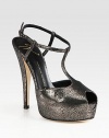 Secured by an adjustable ankle strap, this printed metallic suede sandal has a high platform, skinny heel and t-strap. Self-covered heel, 5 (125mm)Covered platform, 1 (25mm)Compares to a 4 heel (100mm)Printed metallic suede upperLeather lining and solePadded insoleMade in ItalyOUR FIT MODEL RECOMMENDS ordering one size up as this style runs small. 