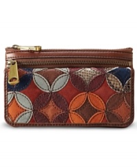 Pretty patchwork lends a hippie chic vibe to this grab-and-go design from Fossil, featuring butter-soft leather and antiqued brass-tone hardware. The organized interior is aligned with plenty of pockets and compartments for cards, cash, coins and ID. Pretty patchwork lends a hippie chic vibe to this grab-and-go design from Fossil, featuring butter-soft leather and antiqued brass-tone hardware. The organized interior is aligned with plenty of pockets and compartments for cards, cash, coins and ID.