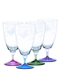 Etched with butterflies and blooms, this set of Butterfly Meadow all-purpose drinking glasses gives everyday meals a whimsical lift. With tinted blue, purple, green or pink stems for a splash of color. Etched with butterflies and blooms, this set of Butterfly Meadow all-purpose drinking glasses gives everyday meals a whimsical lift. With tinted blue, purple, green or pink stems for a splash of color.