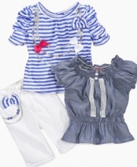 Your little beauty can add some bling to her look with this top, t-shirt and pants set from Nannette. Your little beauty can add some bling to her look with this top, t-shirt and pants set from Nannette.