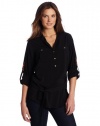 Calvin Klein Women's Solid Roll Sleeve Henley, Black, Small