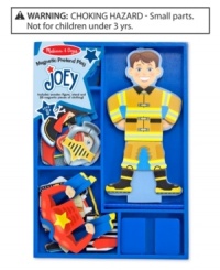 Whatever role he's playing, Joey can be suitably attired! Whether it's a police officer, a super hero, a knight, fireman, a construction worker or a pirate, he is ready for adventure at a moment's notice. This set includes a magnetic wooden dress-up figure with a wooden stand and magnetic clothing pieces for pretend play! Whatever role he's playing, Joey can be suitably attired! Whether it's a police officer, a super hero, a knight, fireman, a construction worker or a pirate, he is ready for adventure at a moment's notice. This set includes a magnetic wooden dress-up figure with a wooden stand and magnetic clothing pieces for pretend play!