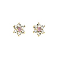 14K Yellow Gold Plated Pink Flower CZ Stud Earrings with Screw-back for Children & Women