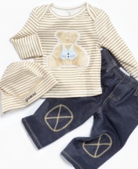 This three-piece set from Guess will be your go-to outfit when you want something quick that will make both you and him feel warm and fuzzy. This three-piece set from Guess will be your go-to outfit when you want something quick that will make both you and him feel warm and fuzzy.