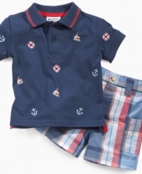 Set sail across the sea! Prepare him for any warm-weather adventure in this stately nautical polo shirt and plaid short set from Blueberi Boulevard. Set sail across the sea! Prepare him for any warm-weather adventure in this stately nautical polo shirt and plaid short set from Blueberi Boulevard.