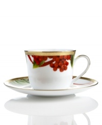 A new holiday classic, the Holly Berry cup and saucer feature filigree-patterned gold and beautiful Christmas botanicals in elegant white porcelain. Complements Grand Buffet Classic Gold and Red Rim dinnerware. A new holiday classic, the Holly Berry cup and saucer feature filigree-patterned gold and beautiful Christmas botanicals in elegant white porcelain. Complements Grand Buffet Classic Gold and Red Rim dinnerware.