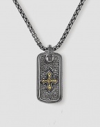 Handsomely textured sterling silver is offset with an 18k solid gold cross. Includes 26 silver chain ½W X 1H Made in USA