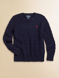 An essential crewneck sweater is rendered in cable-knit cotton for a timeless, preppy aesthetic.CrewneckLong sleeves with ribbed cuffsPullover styleCottonMachine washImported An essential crewneck sweater is rendered in cable-knit cotton for a timeless, preppy aesthetic.CrewneckLong sleeves with ribbed cuffsPullover styleCottonMachine washImported