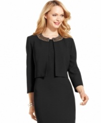 Kasper's chic cropped jacket can be worn over a sheath dress or with a pair of crisp trousers. The collarless beaded neckline adds a stylish touch that's perfect for dressing up your simple staples. Kasper's chic cropped jacket can be worn over a sheath dress or with a pair of crisp trousers. The collarless beaded neckline adds a stylish touch that's perfect for dressing up your simple staples.