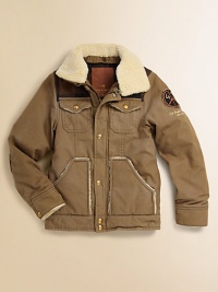 The perfect cotton canvas seasonal essential for hanging outside, with a detachable ultra-cozy collar and front pockets. Detachable woven collarFront zip with snap placketDual front snap-flap chest pocketsDual front patch pocketsLong sleeves with snap cuffsElbow patchesEmbroidery on the sleeveCottonMachine washImported The perfect cotton canvas seasonal essential for hanging outside, with a detachable ultra-cozy collar and front pockets. Detachable woven collarFront zip with snap placketDual front snap-flap chest pocketsDual front patch pocketsLong sleeves with snap cuffsElbow patchesEmbroidery on the sleeveCottonMachine washImported