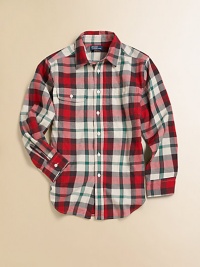 Rendered in warm brushed cotton twill, the classic plaid work shirt is ruggedly handsome.Pointed collarLong sleeves with barrel cuffsButton-frontButton-flap patch pocketPatch pocketShirttail hemCottonMachine washImported Please note: Number of buttons may vary depending on size ordered. Rendered in warm brushed cotton twill, the classic plaid work shirt is ruggedly handsome.Pointed collarLong sleeves with barrel cuffsButton-frontButton-flap patch pocketPatch pocketShirttail hemCottonMachine washImported Please note: Number of buttons may vary depending on size ordered.