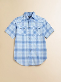 A plaid cotton poplin shirt is crafted for an authentic Western look in a short-sleeved silhouette.Straight point collarShort sleevesButton frontReinforced crested front and back yokeSnap-patch pocketsRounded shirttail hemCottonMachine washImported Please note: Number of buttons may vary depending on size ordered. A plaid cotton poplin shirt is crafted for an authentic Western look in a short-sleeved silhouette.Straight point collarShort sleevesButton frontReinforced crested front and back yokeSnap-patch pocketsRounded shirttail hemCottonMachine washImported Please note: Number of buttons may vary depending on size ordered.