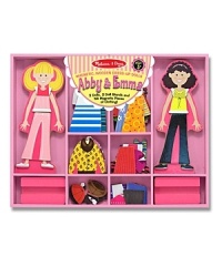 These two wooden, magnetic friends come with stands and hundreds of dress-up options for hours of fun. These two wooden, magnetic friends come with stands and hundreds of dress-up options for hours of fun.