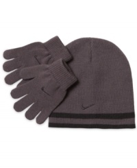 The perfect basic set to bundle up in when he's heading out to play in the snow, this hat and gloves set from Nike keeps ears and hands warm. The perfect basic set to bundle up in when he's heading out to play in the snow, this hat and gloves set from Nike keeps ears and hands warm.