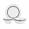 Kate Spade and Lenox join together to bring ease, elegance and understated wit to the table. Union Street translates kate spade's signature contrast stitching to the table with simple black banding dotted with white. Dishwasher safe.