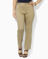Fashioned from easy stretch cotton twill, these plus size Lauren by Ralph Lauren pants are cut with a straight leg for polished, casual style. Fashioned from easy stretch cotton twill, these plus size Lauren by Ralph Lauren pants are cut with a straight leg for polished, casual style.
