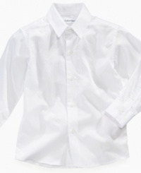 A tonal stripe pattern makes this Calvin Klein button-up shirt a subtly unique look. A tonal stripe pattern makes this Calvin Klein button-up shirt a subtly unique look.