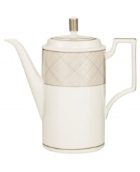 Dressed in a fine diamond grid of bronze and warm taupe, this coffee server is tailored for formal dining and everyday elegance. A hooked handle architects a unique silhouette to enhance more classic bone china essentials. Dressed in a fine diamond grid of bronze and warm taupe, this coffee server is tailored for formal dining and everyday elegance. A hooked handle architects a unique silhouette to enhance more classic bone china essentials.