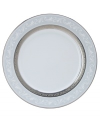 Crafted in crisp white china from Noritake dinnerware, dishes like this formal Crestwood Platinum accent plate combine a shimmering border of interlocking leaves and a polished platinum edge for unparalleled elegance. Crafted in crisp white china from Noritake dinnerware, dishes like this formal Crestwood Platinum accent plate combine a shimmering border of interlocking leaves and a polished platinum edge for unparalleled elegance.
