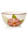 Feel like you're on holiday with Clay Art's tropical Hibiscus soup bowls, featuring rosy pink blooms and a rustic cocoa-brown rim in dishwasher-safe earthenware. (Clearance)