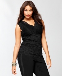 Layered or worn alone, INC's plus size lace shell features a flattering silhouette and a hint of stretch for a great fit. A definite must-have. Layered or worn alone, INC's plus size lace shell features a flattering silhouette and a hint of stretch for a great fit. A definite must-have.