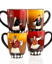 At your service, Bistro mugs combine serious durability with a sense of humor. An illustrated waitstaff keeps the wine coming, creating a festive atmosphere around any casual table. At your service, Bistro mugs combine serious durability with a sense of humor. An illustrated waitstaff keeps the wine coming, creating a festive atmosphere around any casual table.