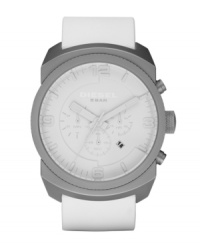 Less is more. Leave color behind with this ghostly watch by Diesel. White silicone strap and round stainless steel case, 57x45mm. White dial features applied white numerals and stick indices, minute track, date window, three multifunctional subdials, luminous hands and logo. Quartz movement. Water resistant to 50 meters. Two-year limited warranty. Less is more. Leave color behind with this ghostly watch by Diesel. White silicone strap and round stainless steel case, 57x45mm. White dial features applied white numerals and stick indices, minute track, date window, three multifunctional subdials, luminous hands and logo. Quartz movement. Water resistant to 50 meters. Two-year limited warranty.