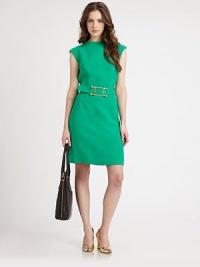 All about simplicity and shape in a sleek blend of wool and viscose with elegant seaming and a striking, sculptural belt.Boat necklineCap sleevesFront and back yokeCenter front seamWide self belt with goldtone ball buckleHidden back zipperAbout 22 from natural waist60% viscose/40% woolDry cleanMade in USAModel shown is 5'9½ (176cm) wearing US size 4. All about simplicity and shape in a sleek blend of wool and viscose with elegant seaming and a striking, sculptural belt.Boat necklineCap sleevesFront and back yokeCenter front seamWide self belt with goldtone ball buckleHidden back zipperAbout 22 from natural waist60% viscose/40% woolDry cleanMade in USAModel shown is 5'9½ (176cm) wearing US size 4.