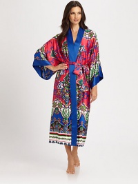 Solid contrast banding frames this silky-smooth design with an ornate print in rich jewel tones. V-neckThree-quarter length kimono sleevesSolid banded trimSelf-tie waistSlash pocketsAbout 49 from shoulder to hemPolyesterMachine washImported Solid contrast banding frames this silky-smooth design with an ornate print in rich jewel tones. V-neckThree-quarter length kimono sleevesSolid banded trimSelf-tie waistSlash pocketsAbout 49 from shoulder to hemPolyesterMachine washImported